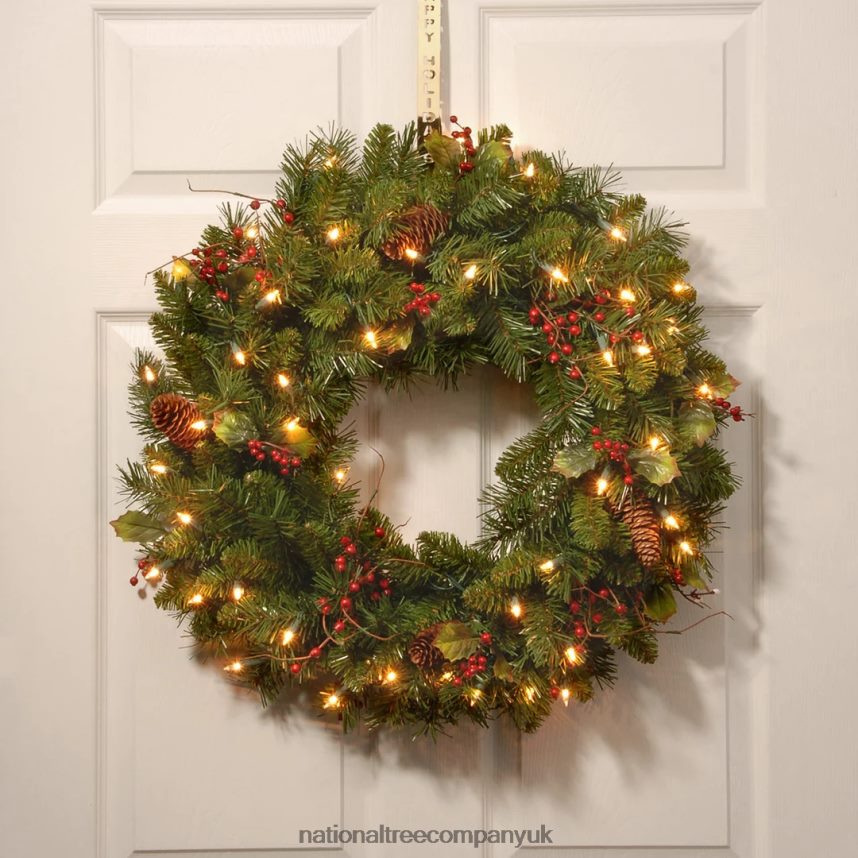 Greenery | National Tree Company Pre-Lit Artificial Christmas Wreath Green Classical White Lights Decorated with Pine Cones Berry Clusters Leaves Twigs Christmas Collection 24 Inches F2L4F234